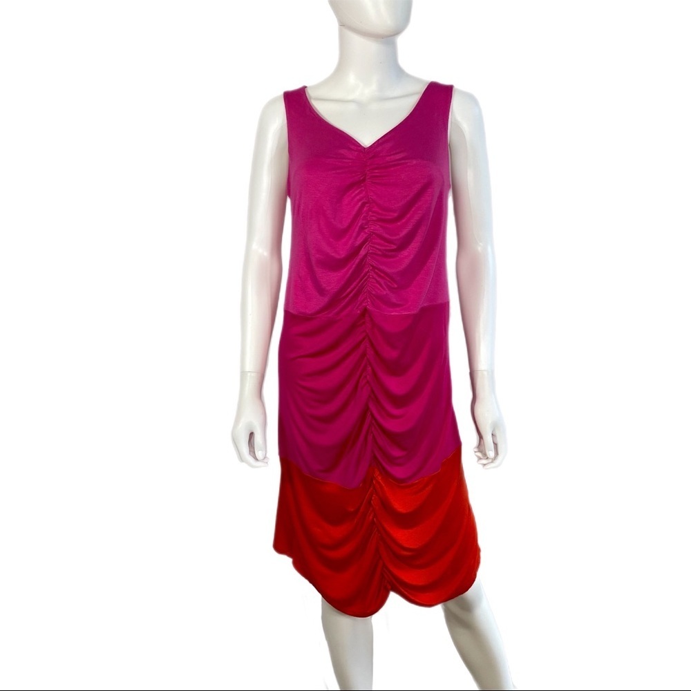 Collective Clothing Ruched Front Sleeveless Warm Colors Color Block Dress